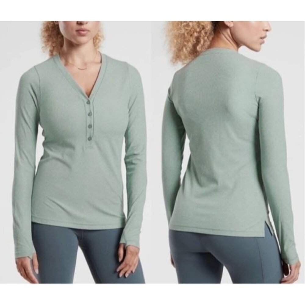 Athleta Top Womens Medium Uptempo Green Ribbed Henley Base Layer Loungewear